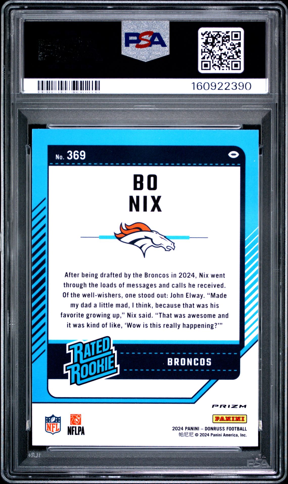 2024 Panini Donruss Bo Nix #369 (Optic Preview) Gem Mt 10 back view - PSA certificate #160922390