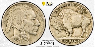 1915-D 5C 2 Feathers, FS-401 VF35