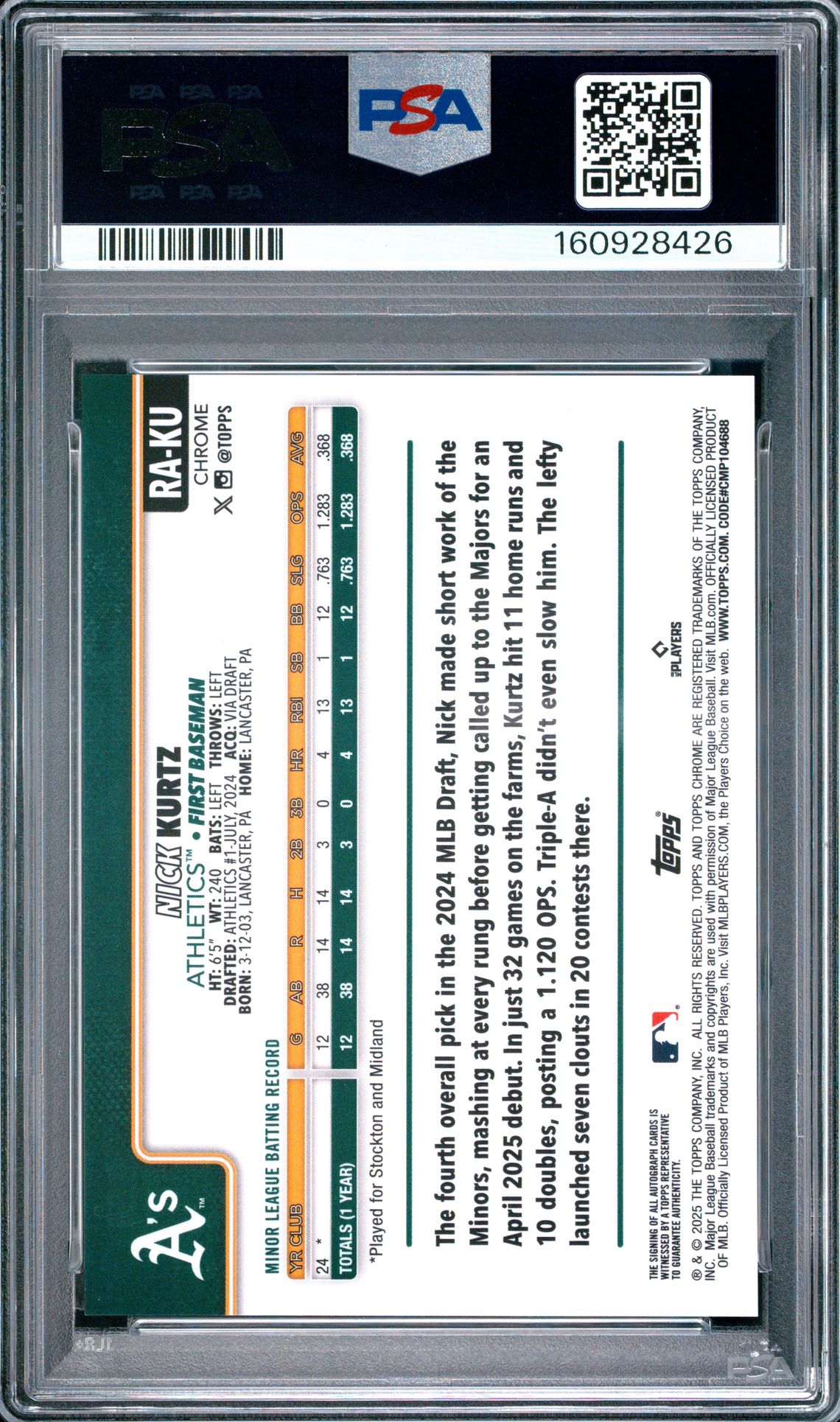 2025 Topps Chrome Rookie Autographs Nick Kurtz #Raku Mint 9 back