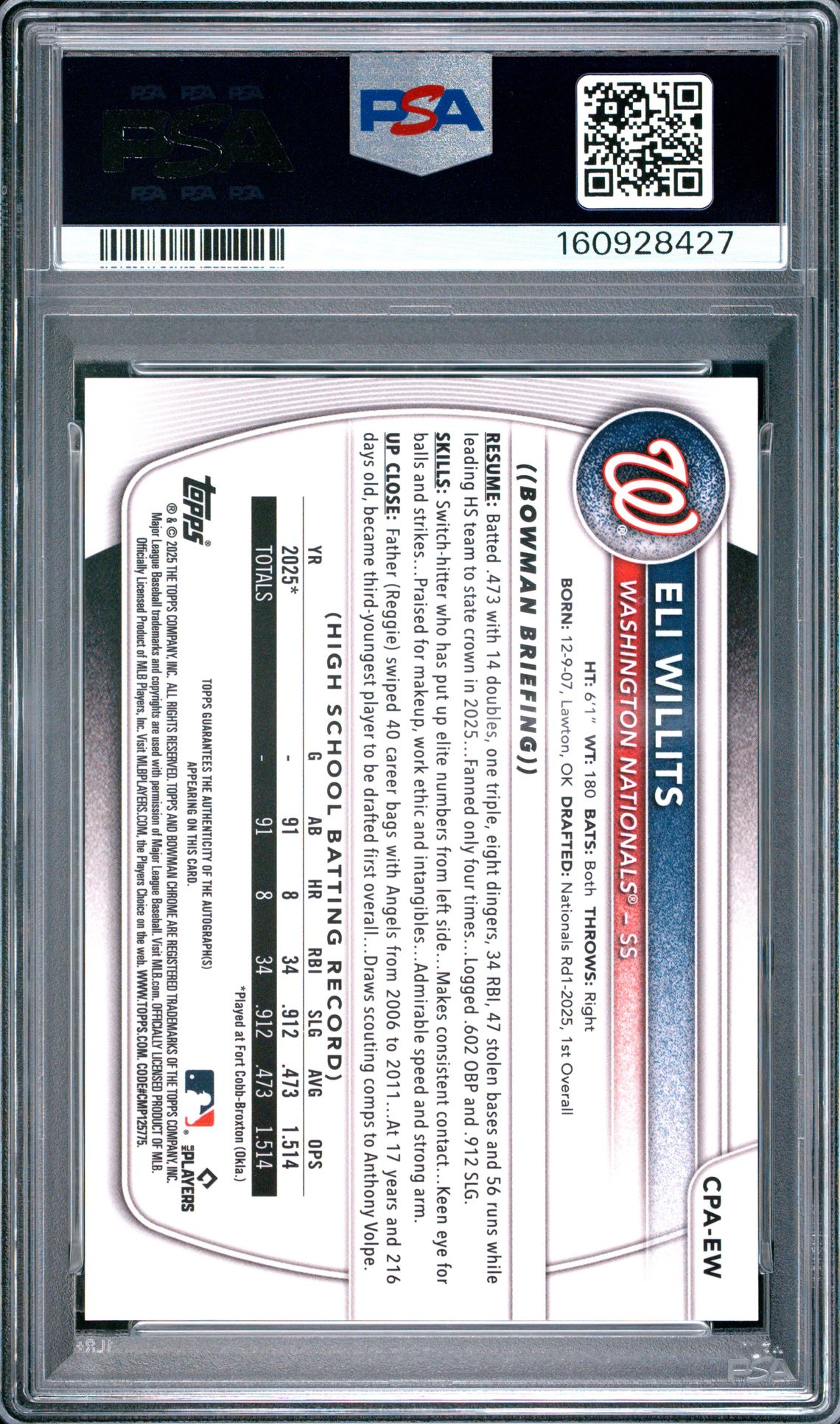 2025 Bowman Draft Chrome Prospect Autographs Eli Willits #Cpa-Ew (Chr Prospect Au-Aqua Lava) Mint 9 back