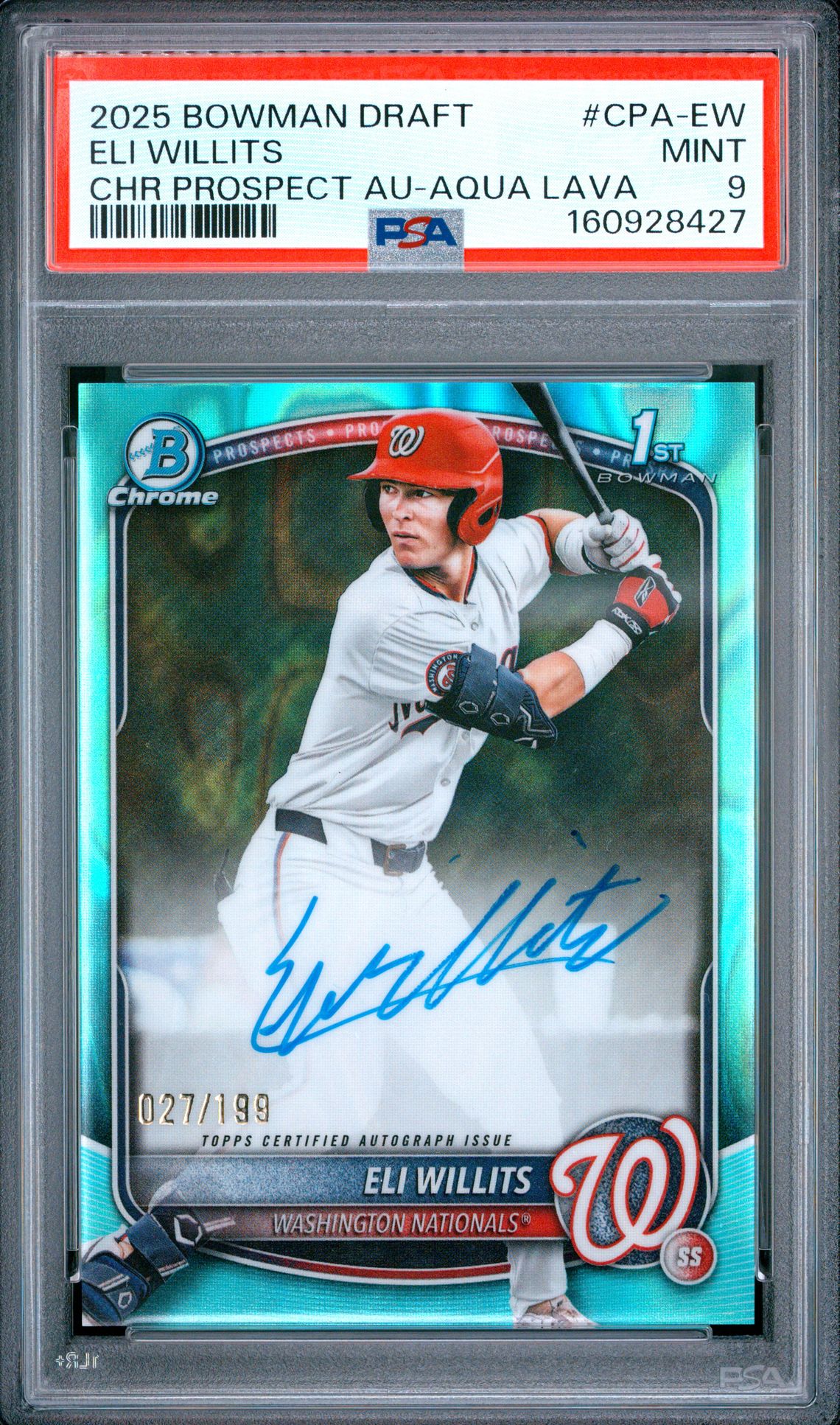 2025 Bowman Draft Chrome Prospect Autographs Eli Willits #Cpa-Ew (Chr Prospect Au-Aqua Lava) Mint 9 front