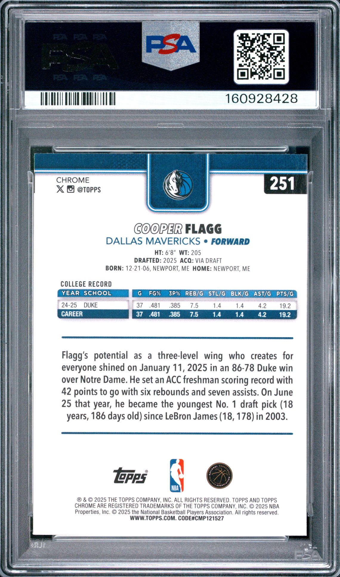 2025 Topps Chrome Cooper Flagg #251 Mint 9 back