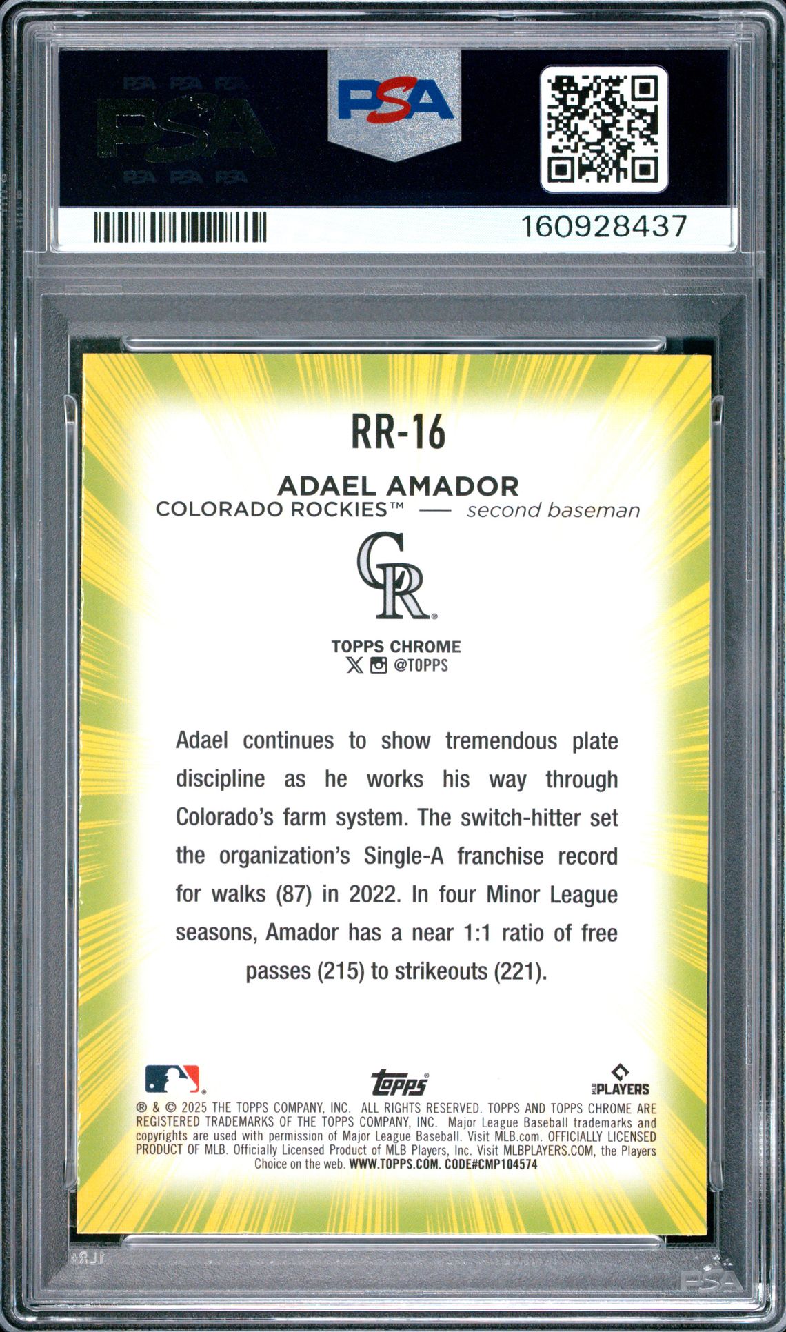 2025 Topps Chrome Radiating Rookies Adael Amador #Rr16 Gem Mt 10 back