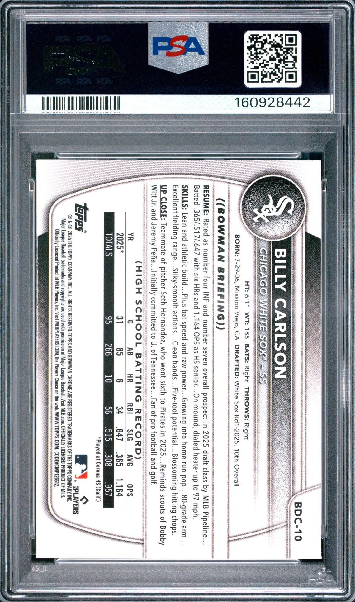 2025 Bowman Draft Billy Carlson #Bdc-10 (Chrome-Lazer Refractor) Mint 9 back