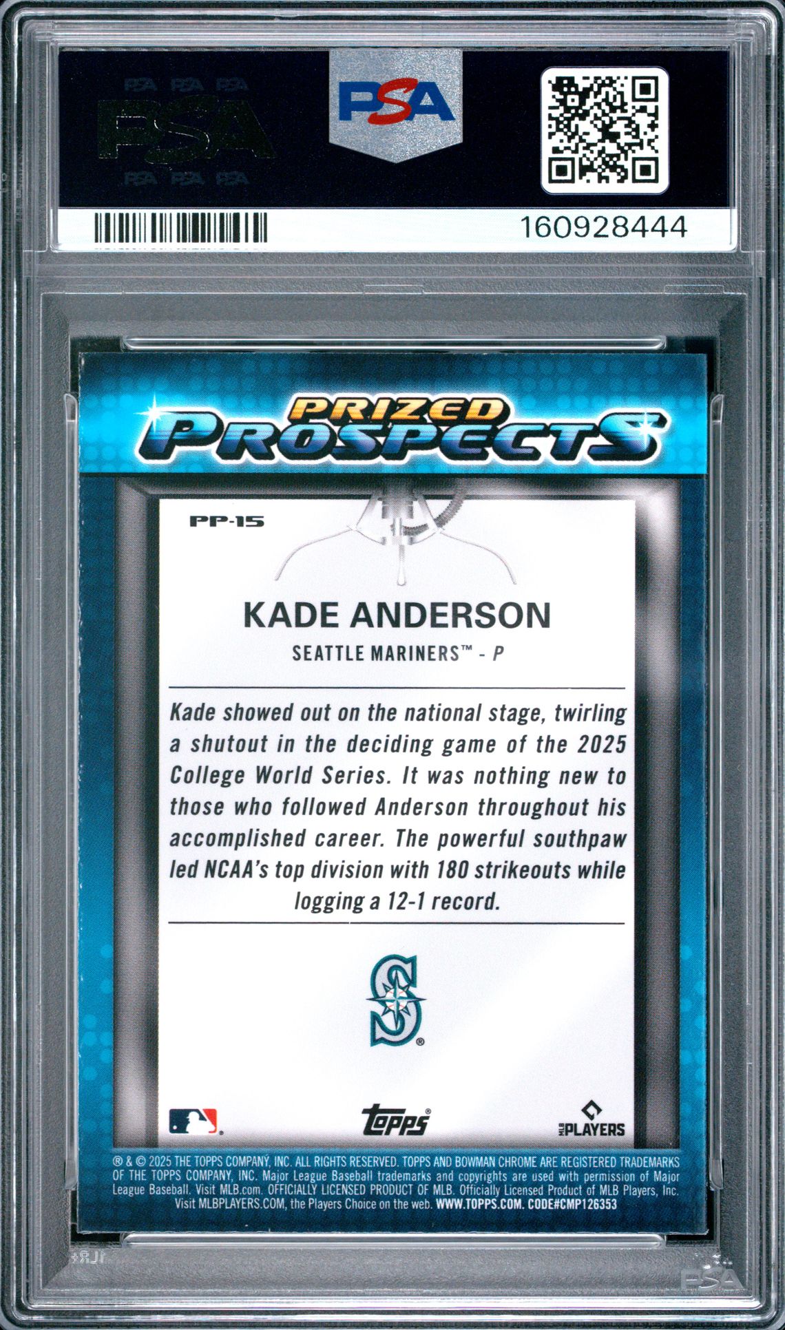 2025 Bowman Draft Mega Box Mega Box Prized Prospects Kade Anderson #15 Gem Mt 10 back