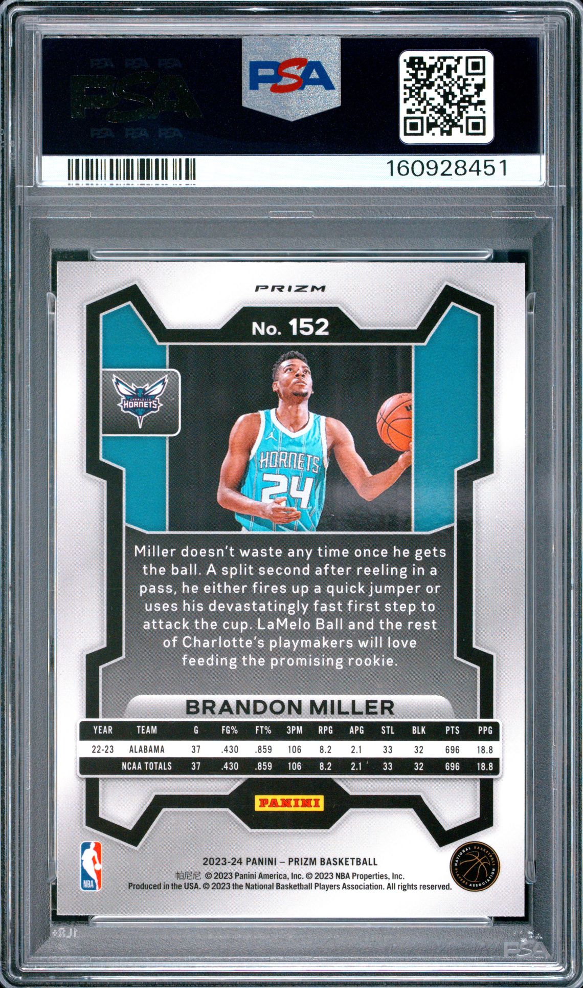 2023 Panini Prizm Brandon Miller #152 (Pink Ice) Mint 9 back