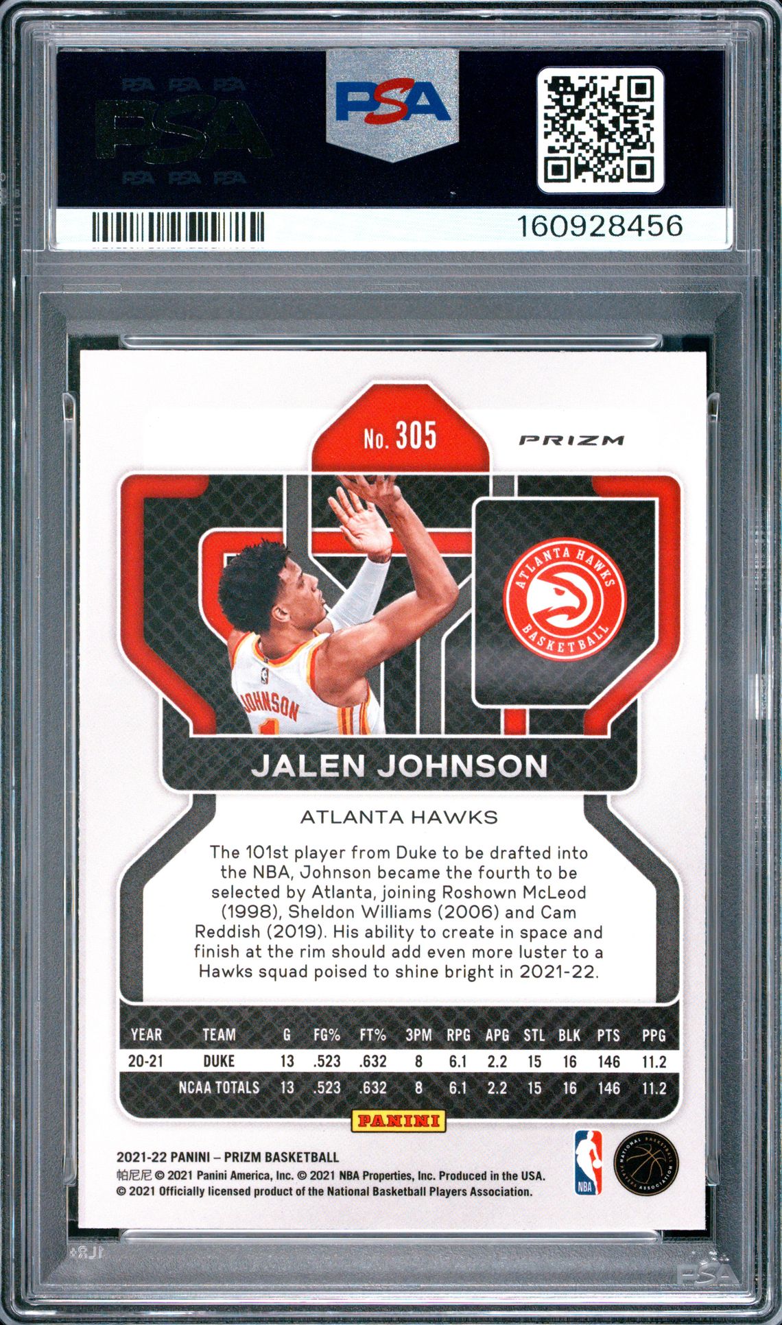 2021 Panini Prizm Jalen Johnson #305 (Red Ice) Mint 9 back