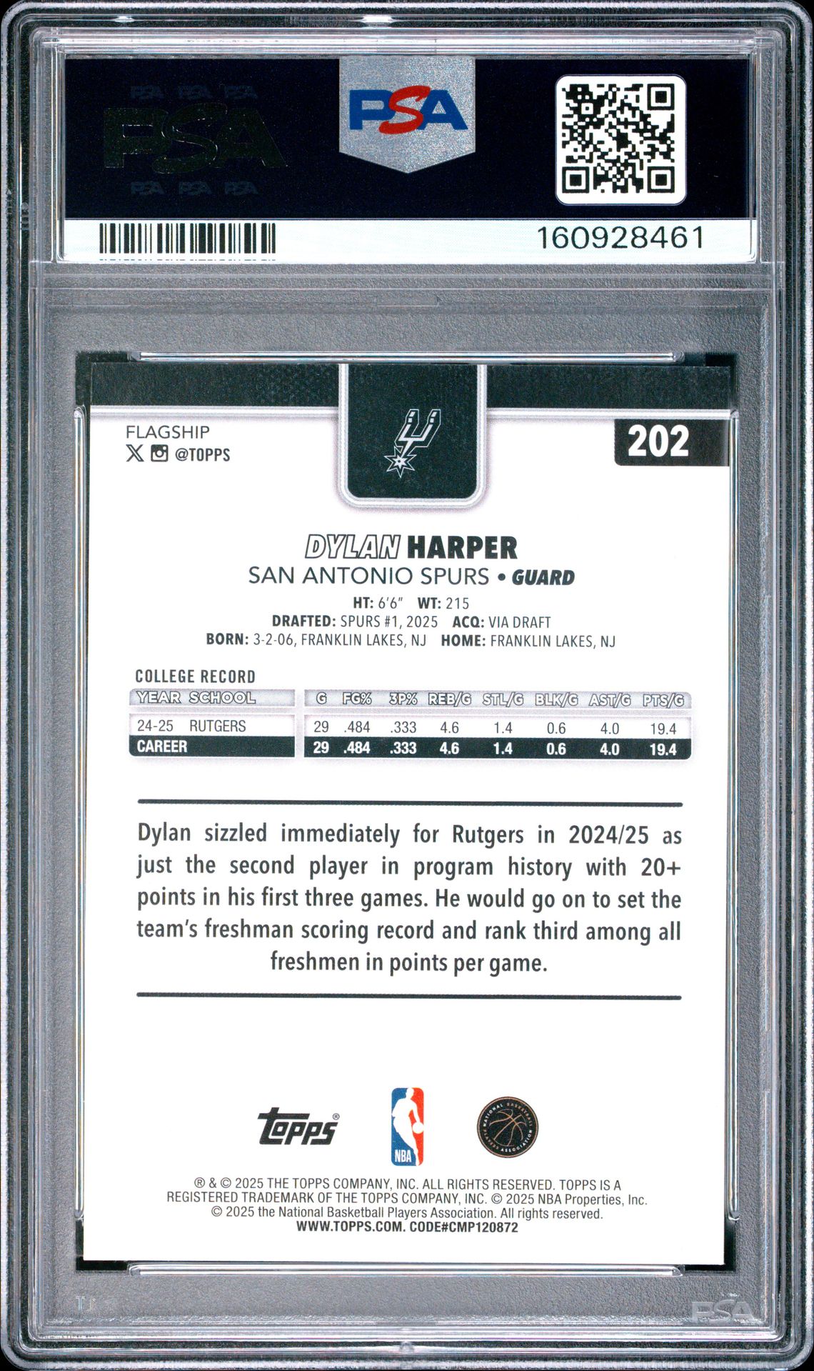 2025 Topps Dylan Harper #202 Mint 9 back