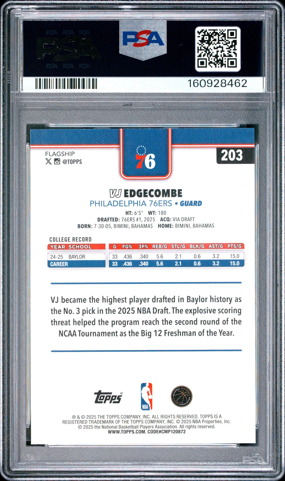 2025 Topps Vj Edgecombe #203 Mint 9 back