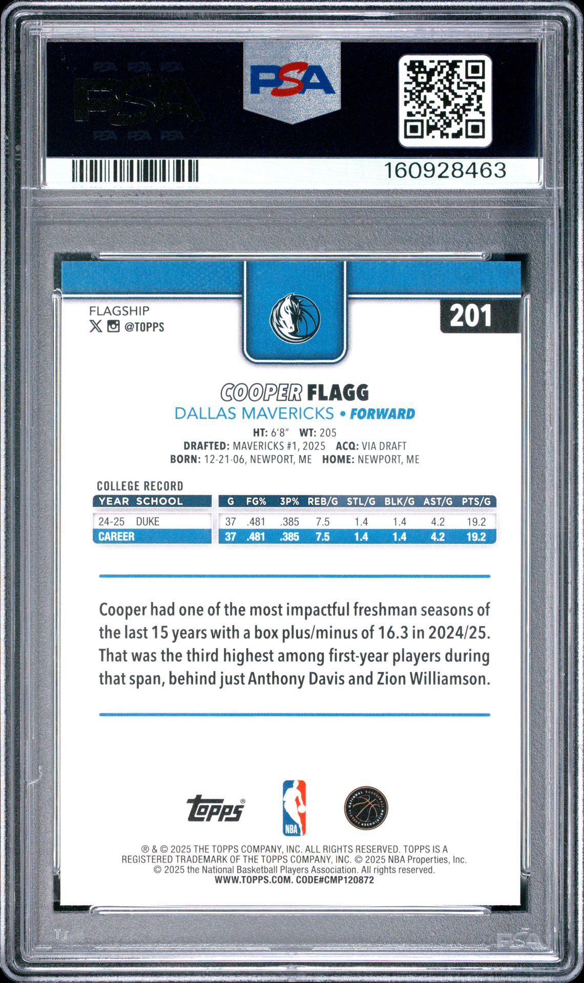 2025 Topps Cooper Flagg #201 Mint 9 back