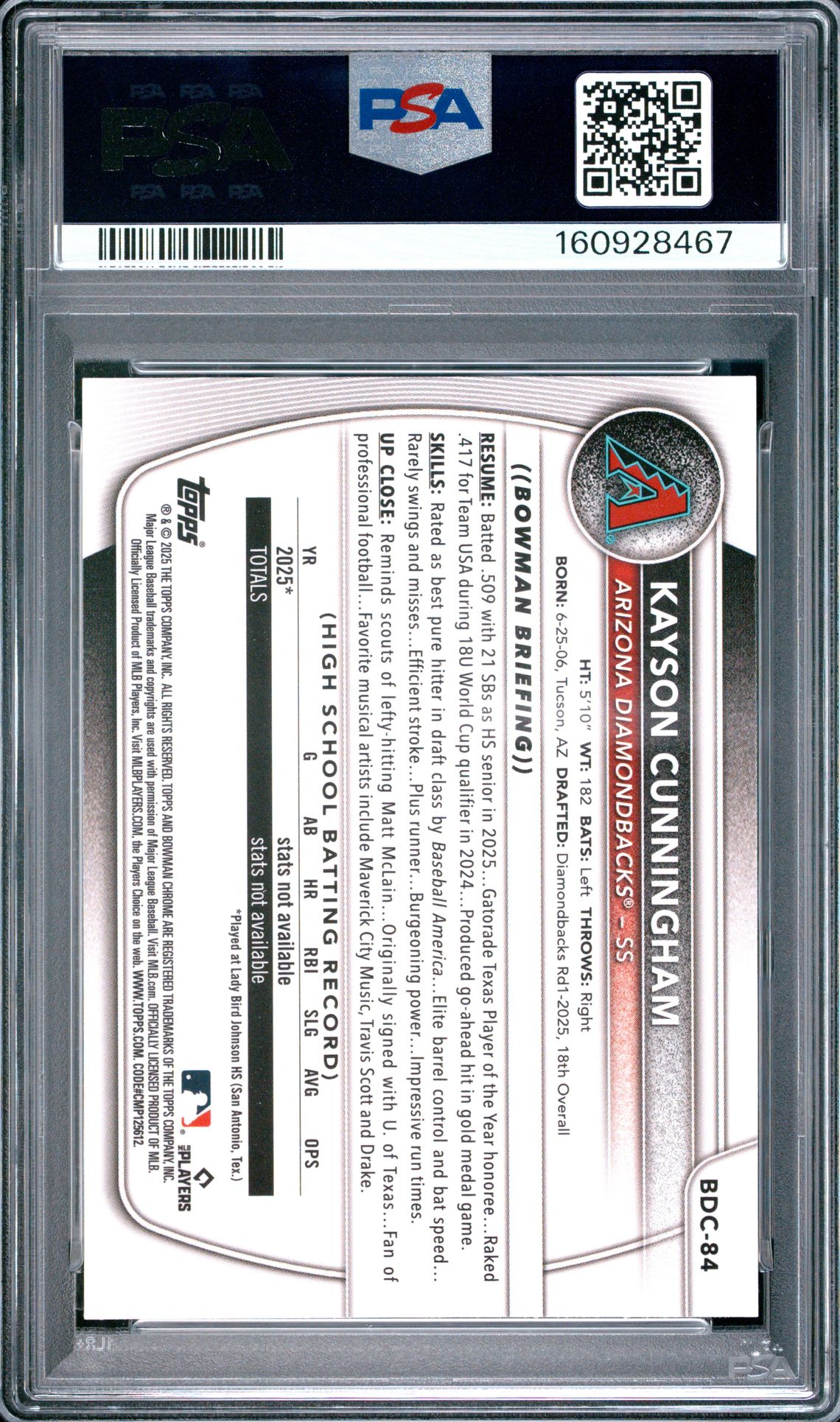2025 Bowman Draft Kayson Cunningham #Bdc-84 (Chrome-Yellow Geometric) Gem Mt 10 back