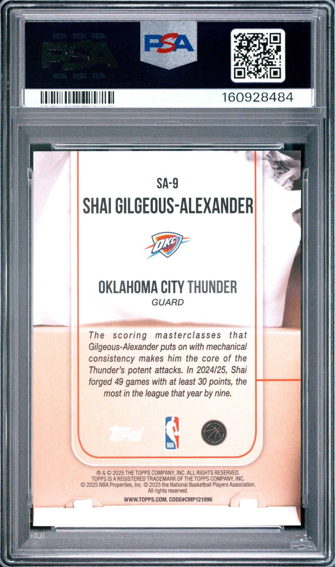 2025 Topps Sole Ambition S. Gilgeous-Alexander #Sa-9 Gem Mt 10 back view - PSA certificate #160928484