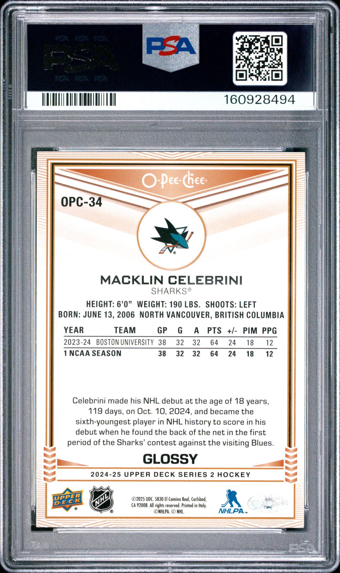 2024 Upper Deck O-Pee-Chee Glossy Macklin Celebrini #Opc34 Gem Mt 10 back view - PSA certificate #160928494