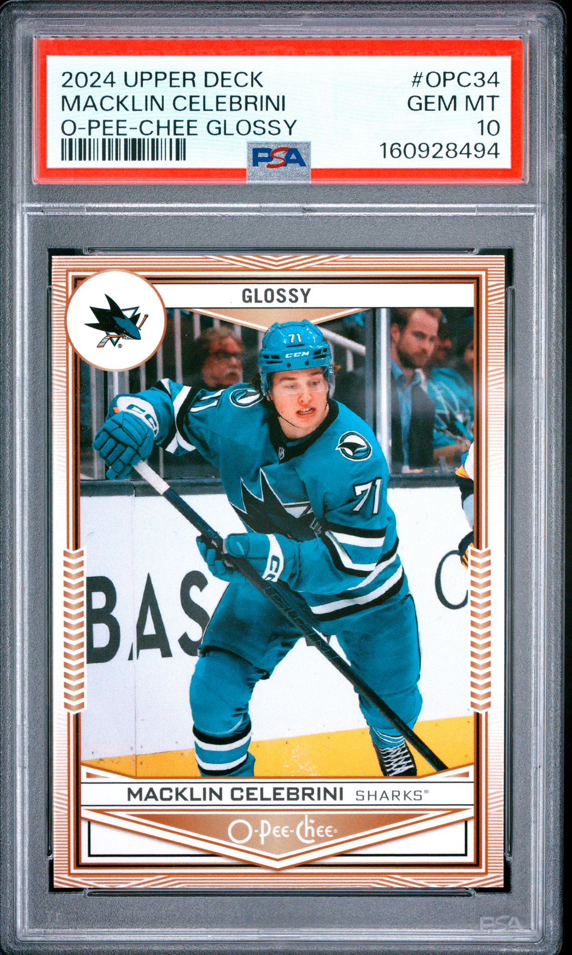 2024 Upper Deck O-Pee-Chee Glossy Macklin Celebrini #Opc34 Gem Mt 10 front view - PSA graded GEM MT 10