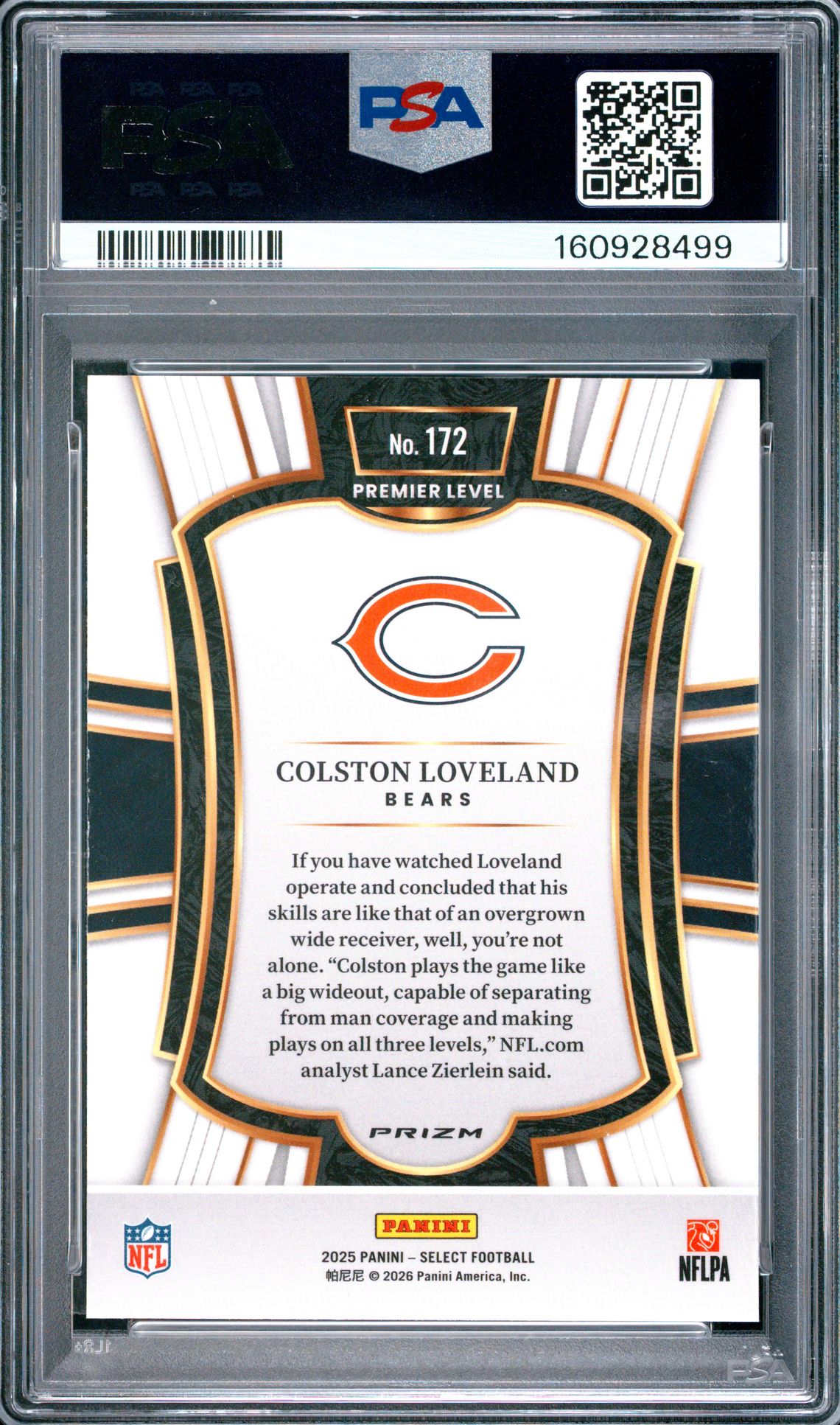 2025 Panini Select Colston Loveland #172 (Silver Prizm) Gem Mt 10 back view - PSA certificate #160928499