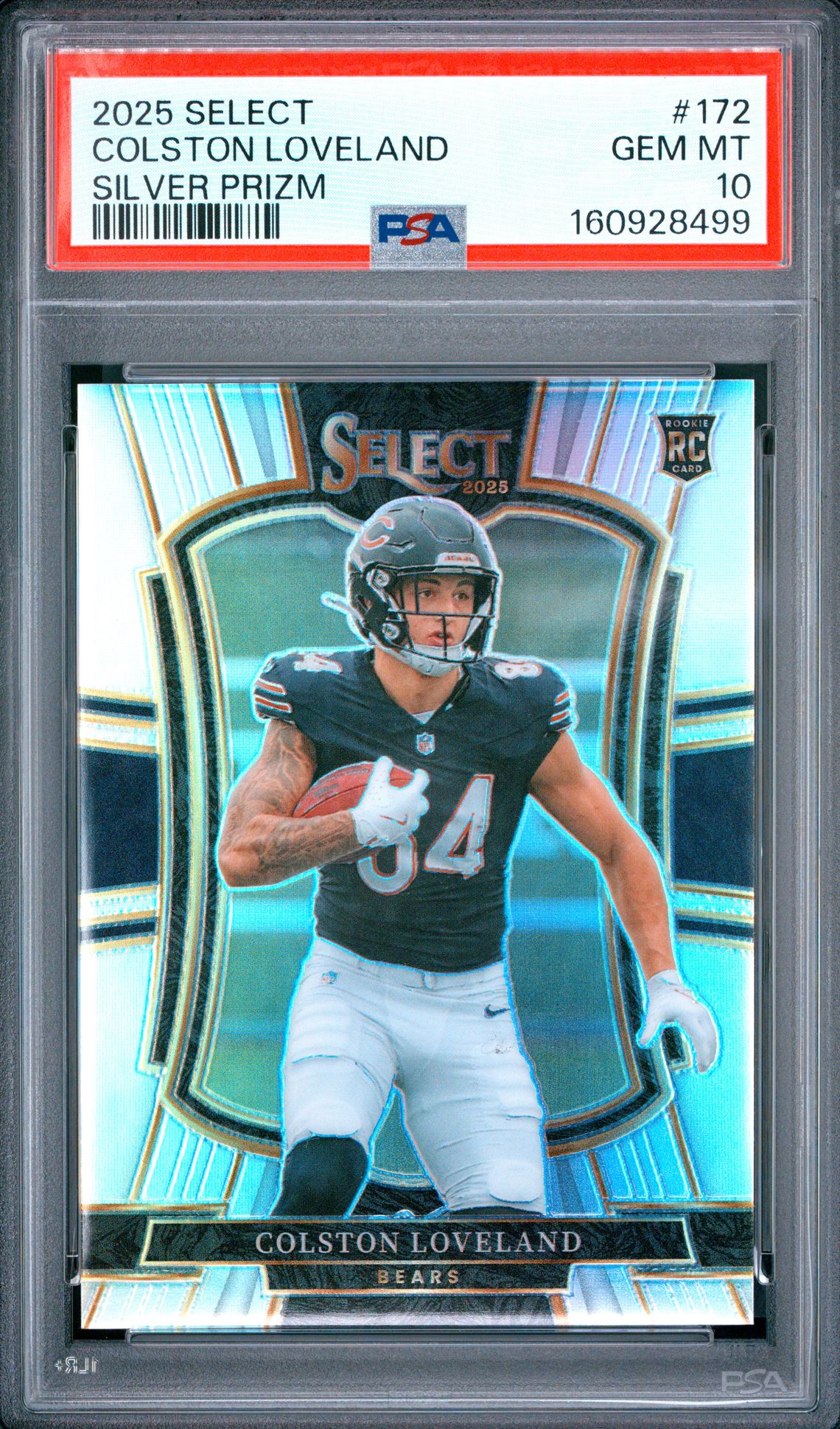 2025 Panini Select Colston Loveland #172 (Silver Prizm) Gem Mt 10 front view - PSA graded GEM MT 10