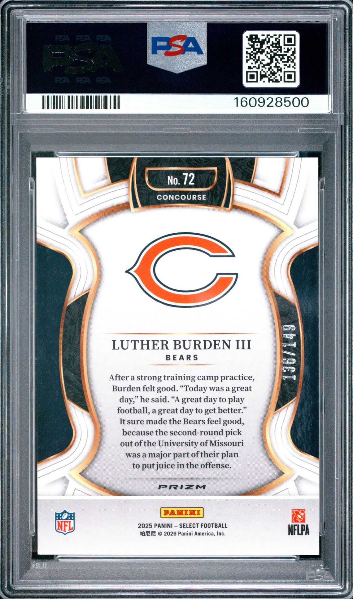 2025 Panini Select Luther Burden Iii #72 (Maroon Prizm) Gem Mt 10 back view - PSA certificate #160928500