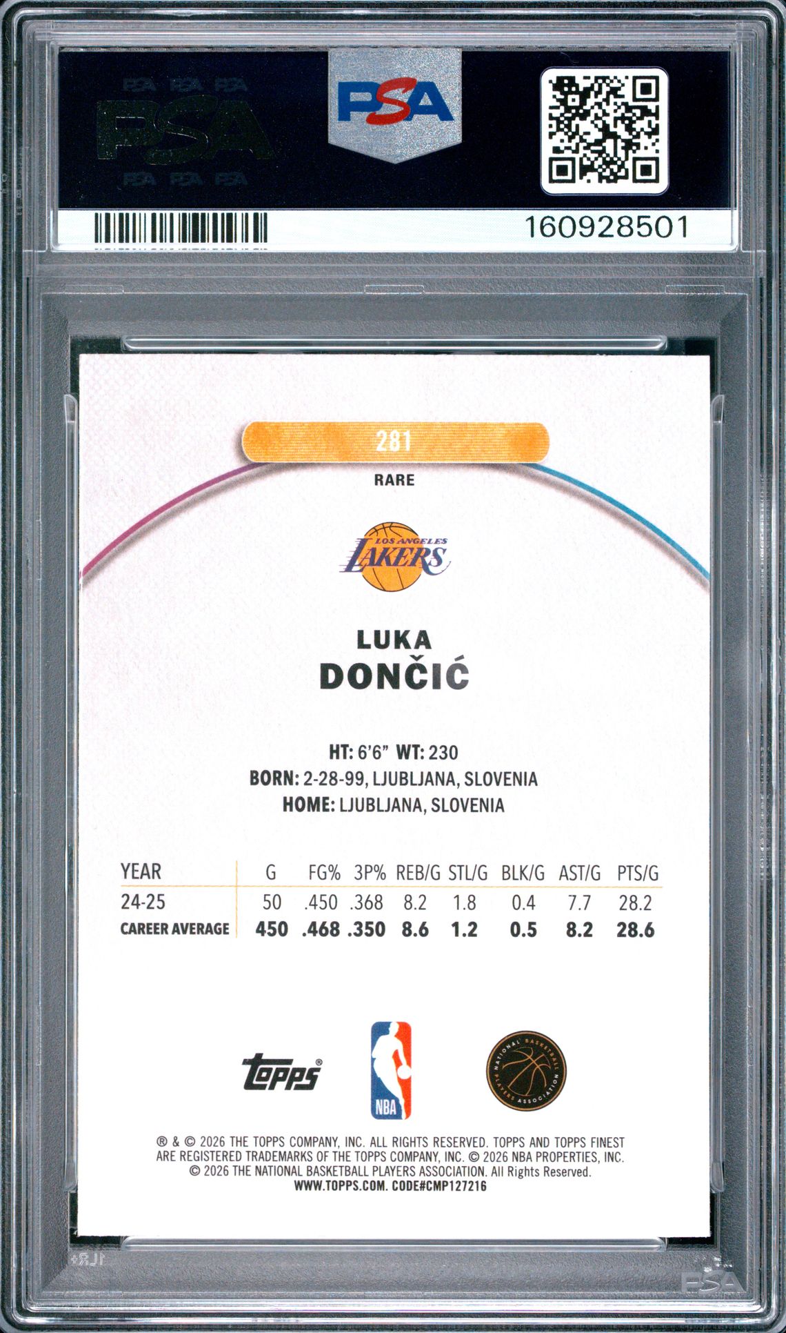 2025 Topps Finest Luka Doncic #281 (Blue Refractor) Gem Mt 10 back view - PSA certificate #160928501