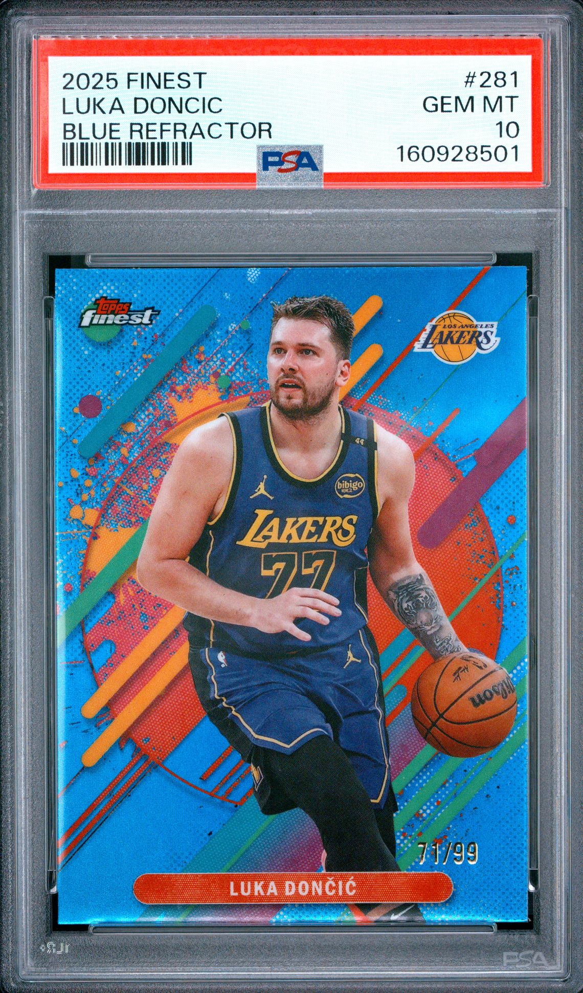 2025 Topps Finest Luka Doncic #281 (Blue Refractor) Gem Mt 10 front view - PSA graded GEM MT 10