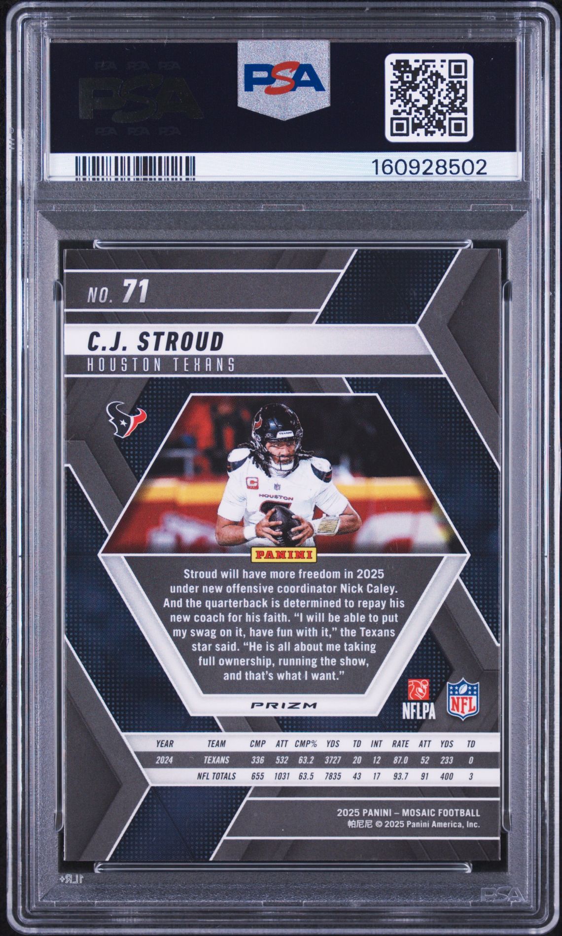 2025 Panini Mosaic Cj Stroud #71 (Genesis) Gem Mt 10 back view - PSA certificate #160928502