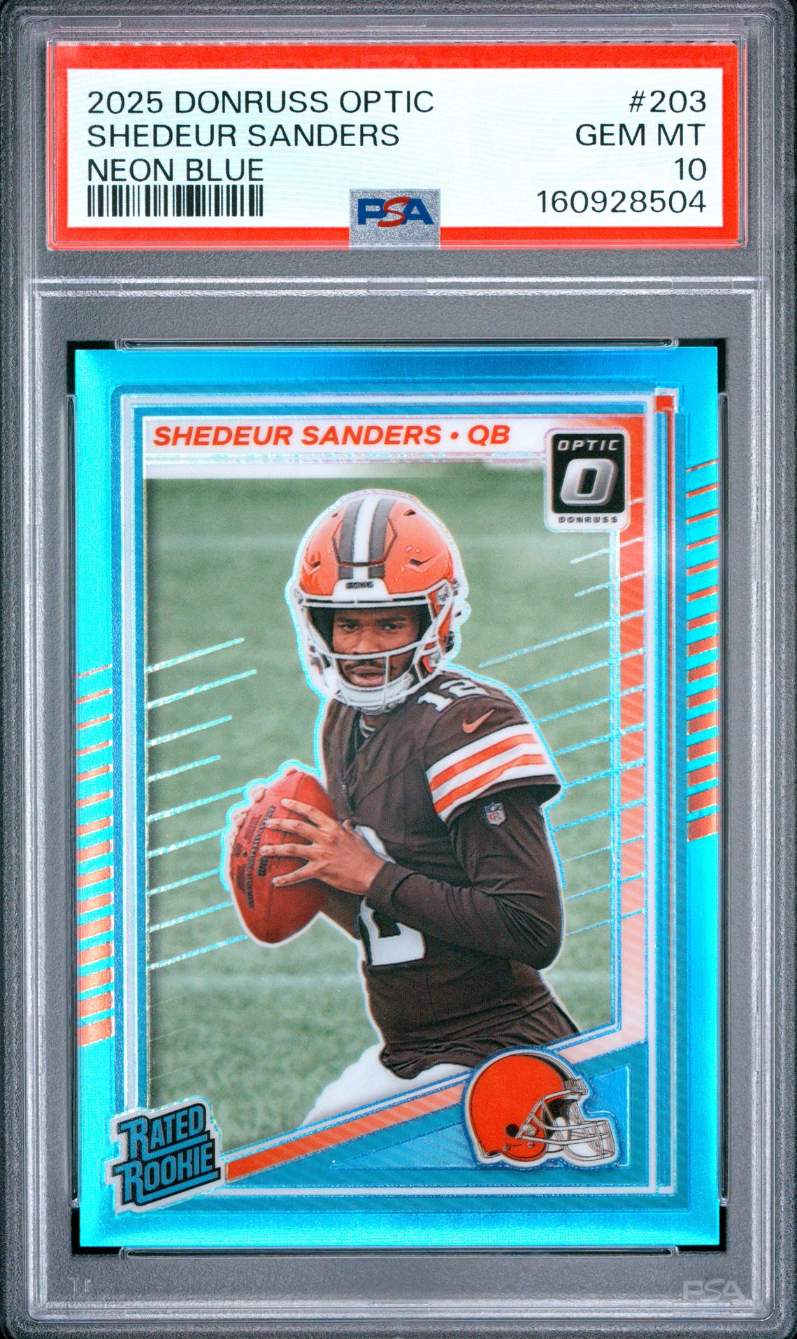 2025 Panini Donruss Optic Shedeur Sanders #203 (Neon Blue) Gem Mt 10 front view - PSA graded GEM MT 10