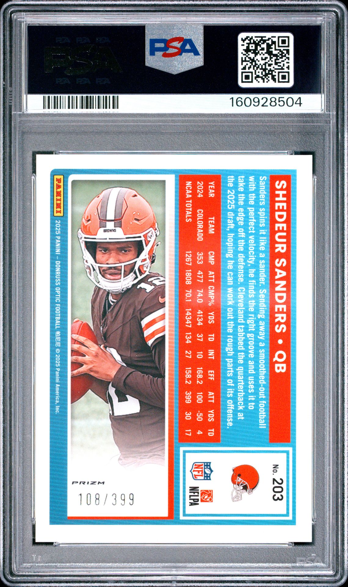 2025 Panini Donruss Optic Shedeur Sanders #203 (Neon Blue) Gem Mt 10 back view - PSA certificate #160928504