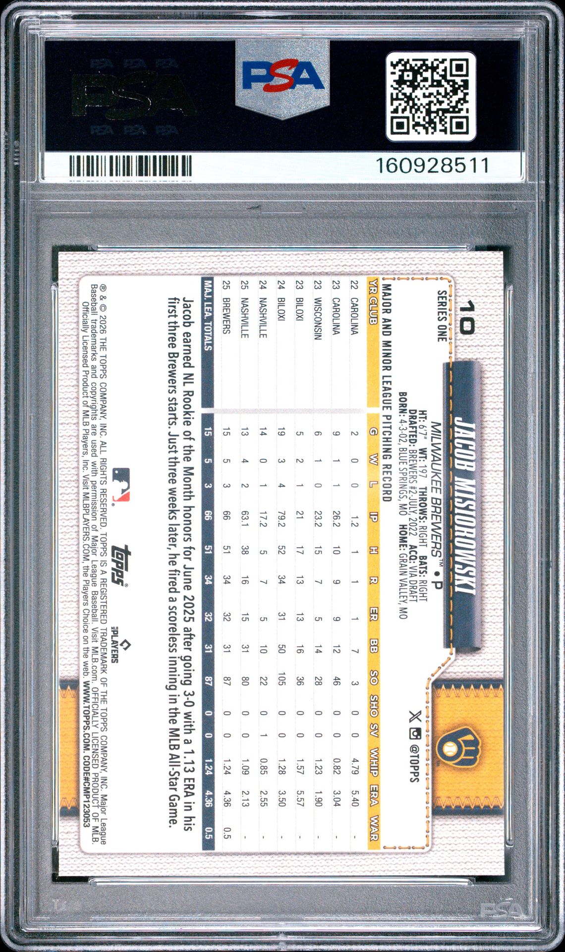 2026 Topps Jacob Misiorowski #10 Gem Mt 10 back