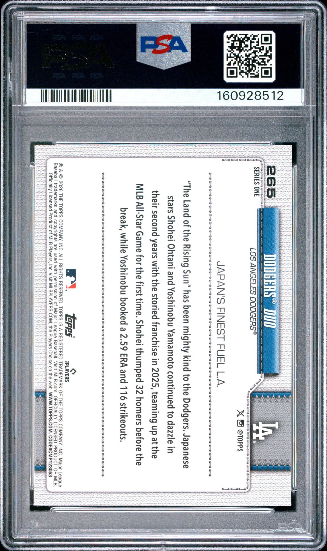 2026 TOPPS YAMAMOTO/OHTANI  265 GEM MT 10 back