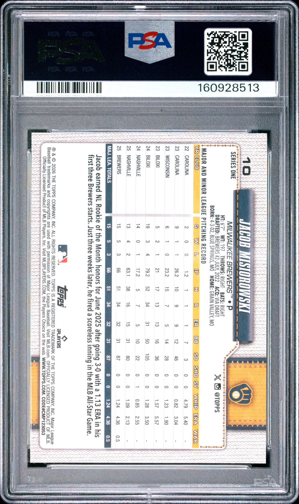 2026 Topps Jacob Misiorowski #10 Mint 9 back