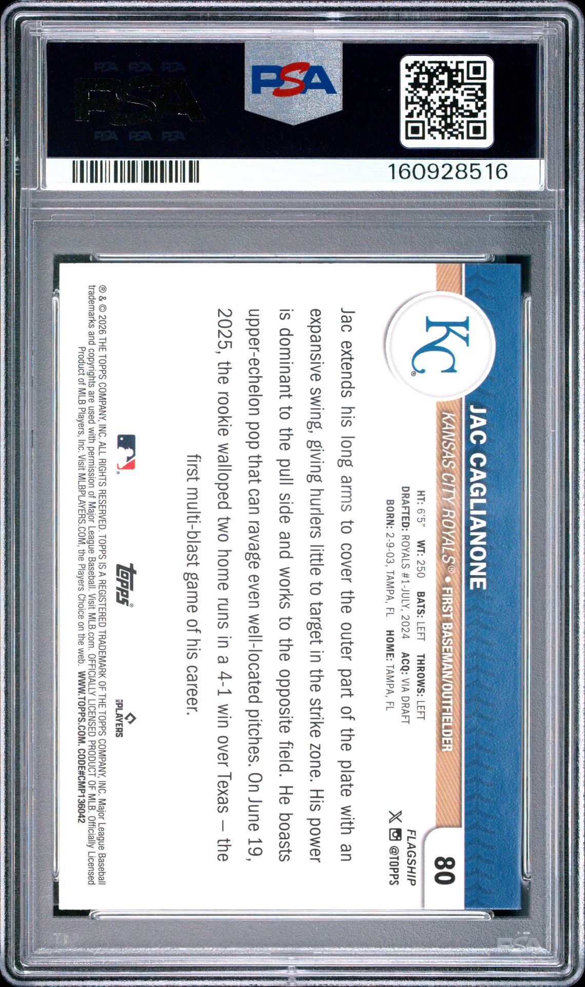 2026 Topps Flagship Collection Jac Caglianone #80 (The Flagship Collection) Mint 9 back