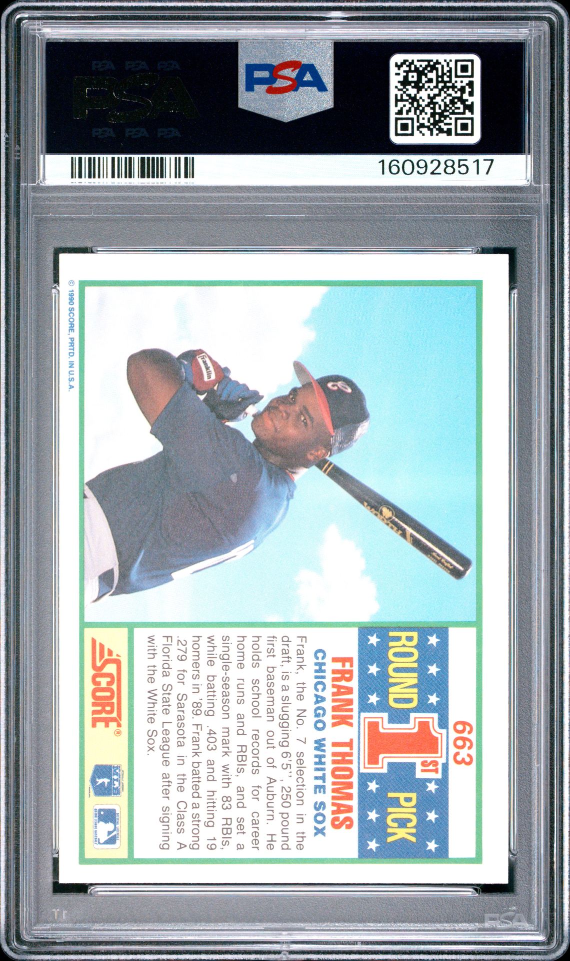 1990 Score Frank Thomas #663 Mint 9 back