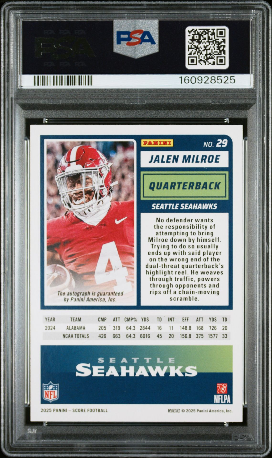 2025 Panini Score Jalen Milroe #29 (Rookie-Signature) Nm-Mt 8 back