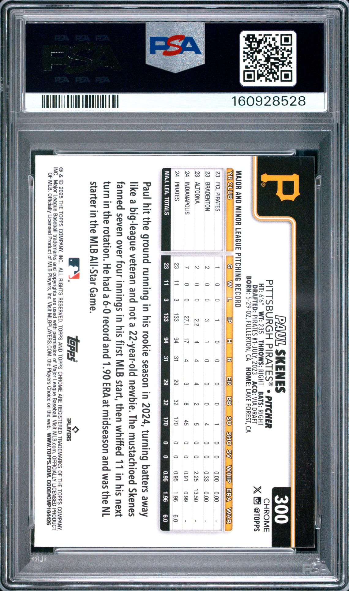 2025 Topps Chrome Logofractor Edition Paul Skenes #300 Gem Mt 10 back view - PSA certificate #160928528
