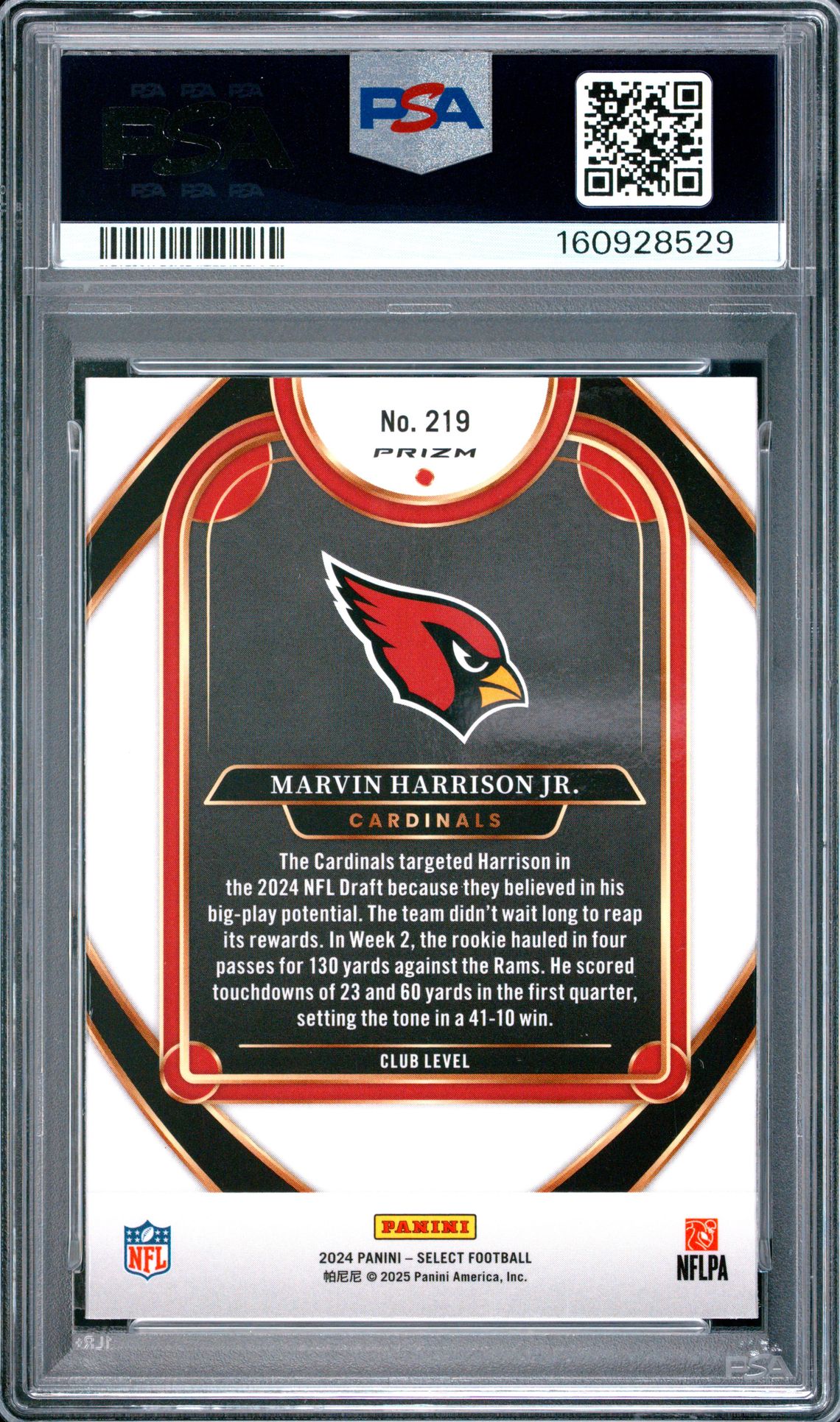 2024 Panini Select Marvin Harrison Jr. #219 (Zebra Shock) Gem Mt 10 back view - PSA certificate #160928529