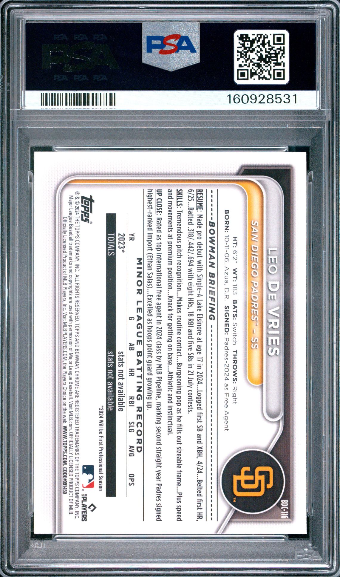 2024 Bowman Draft Leo De Vries #Bdc116 (Chrome-Aqua Wave) Mint 9 back