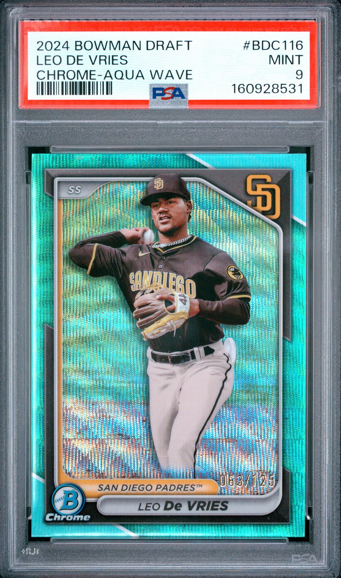 2024 Bowman Draft Leo De Vries #Bdc116 (Chrome-Aqua Wave) Mint 9 front