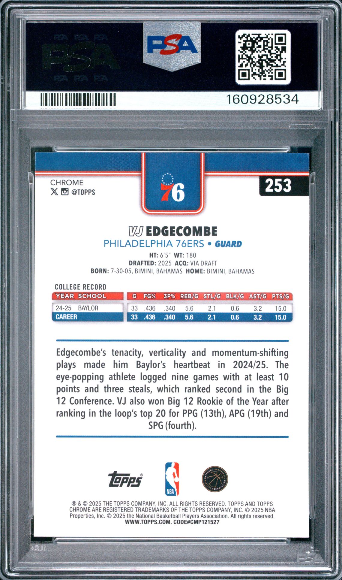 2025 Topps Chrome Vj Edgecombe #253 (Basketball Refractor) Gem Mt 10 back