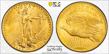 1908-D $20 No Motto MS65