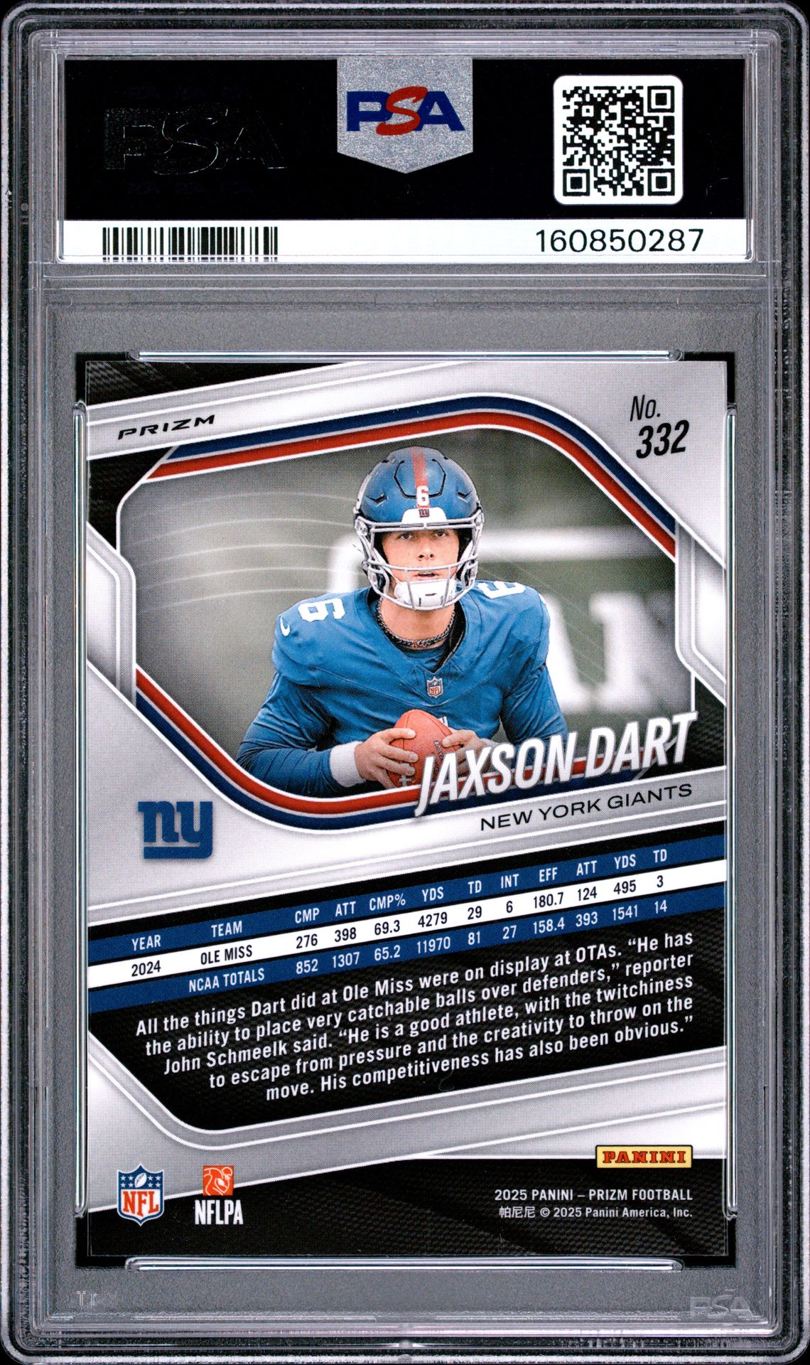 2025 Panini Prizm Jaxson Dart #332 (Silver Prizm) Gem Mt 10 back view - PSA certificate #160850287