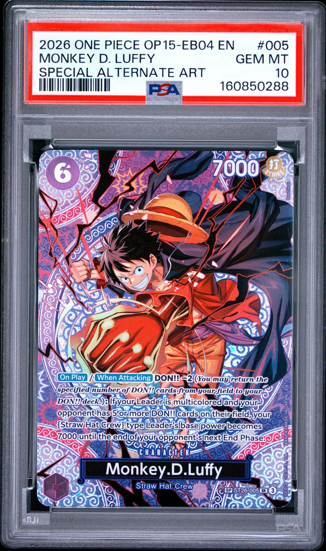 2026 One Piece Op15-Eb04-Adventure On Kami's Island Monkey D. Luffy #005 (Special Alternate Art) Gem Mt 10 front view - PSA graded GEM MT 10