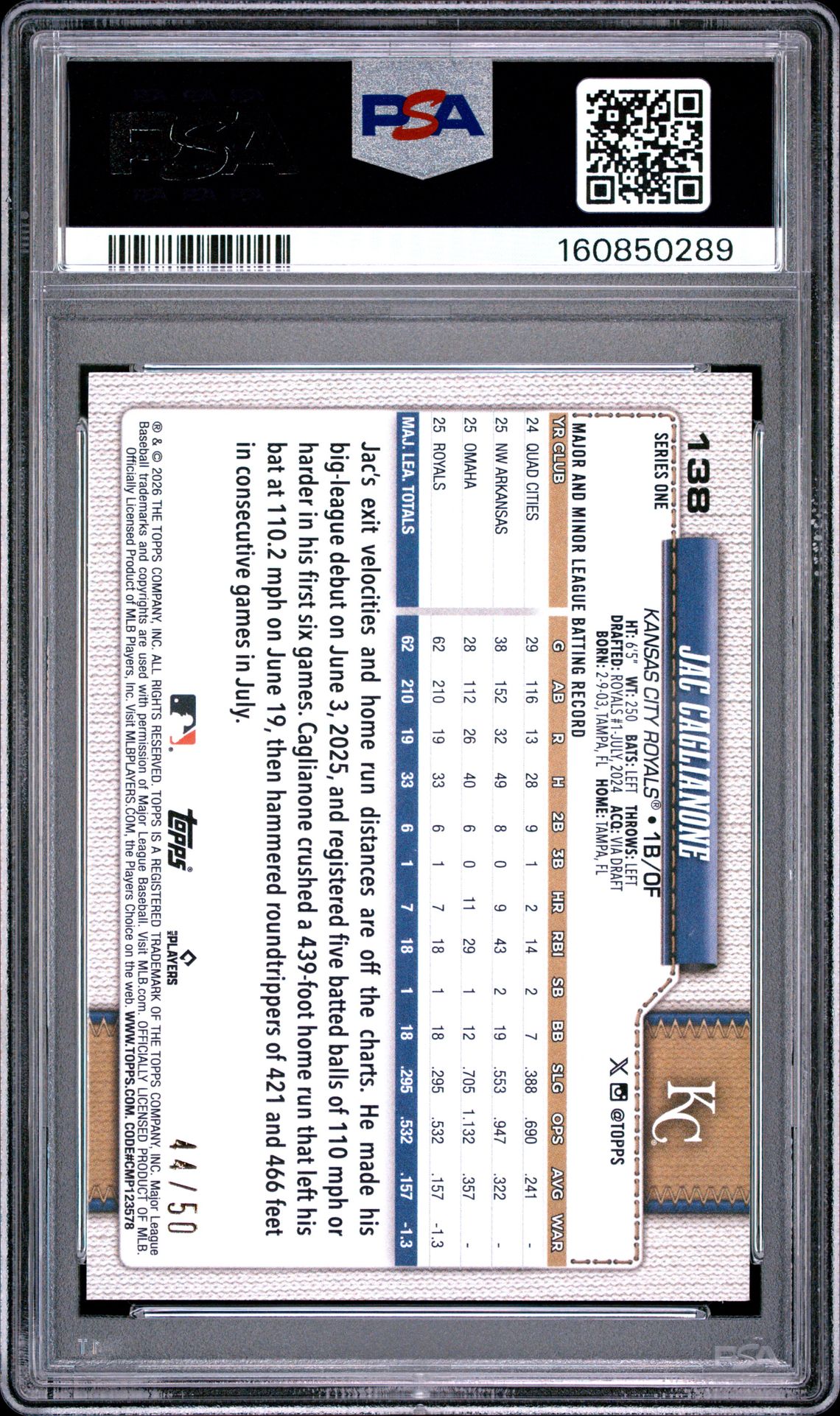 2026 Topps Jac Caglianone #138 (Dugout Peeks-Gold) Nm-Mt 8 back