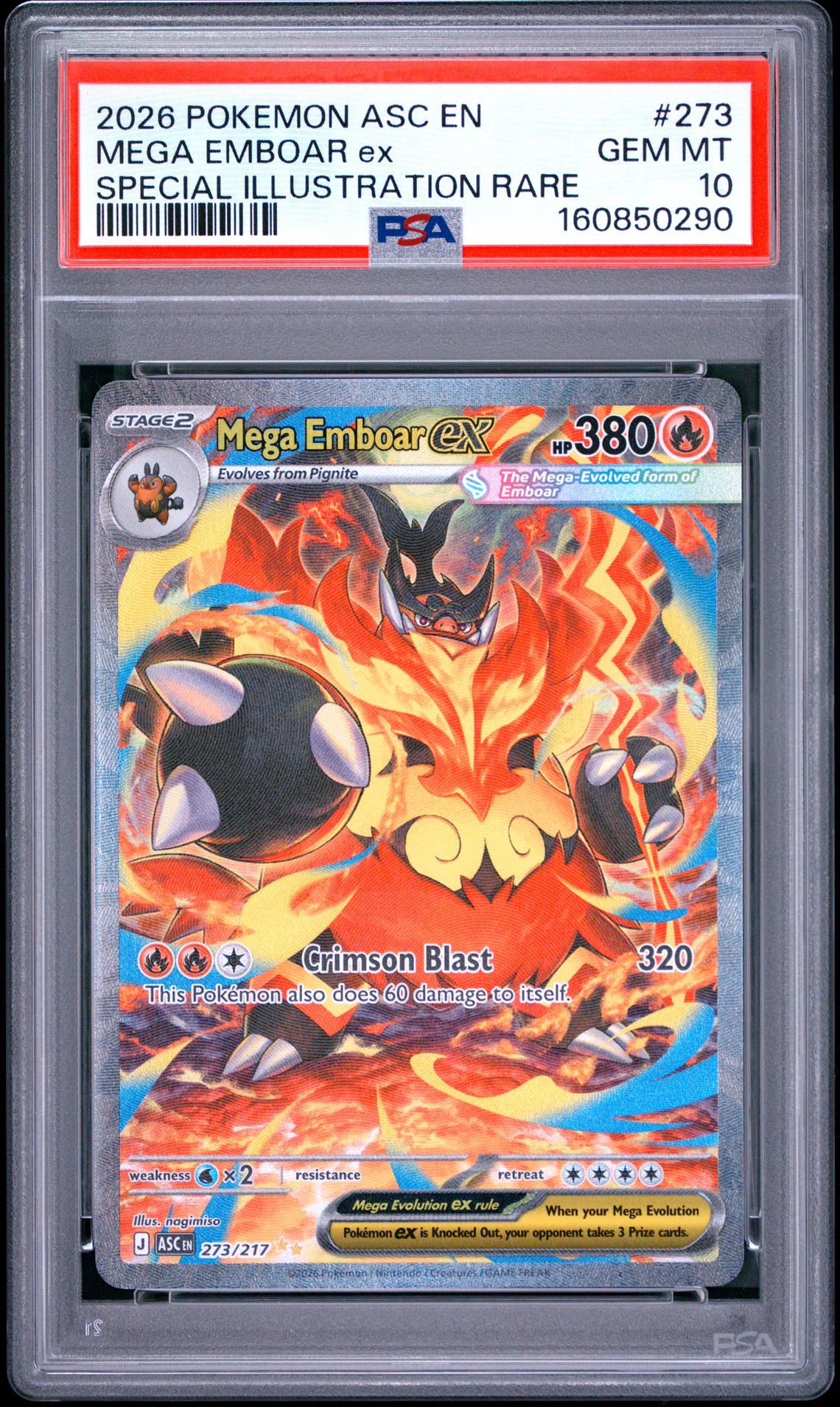 2026 Pokemon Asc En-Ascended Heroes Mega Emboar Ex #273 (Special Illustration Rare) Gem Mt 10 front view - PSA graded GEM MT 10