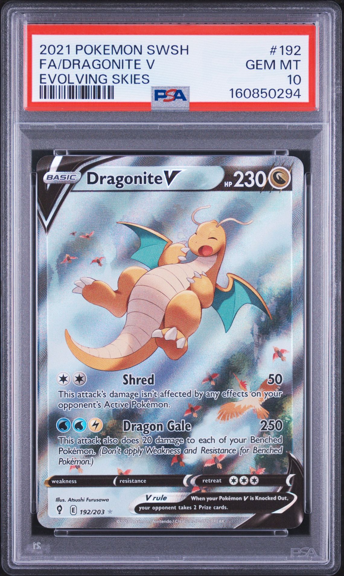 2021 Pokemon Sword & Shield Evolving Skies Fa/Dragonite V #192 (Evolving Skies) Gem Mt 10 front view - PSA graded GEM MT 10