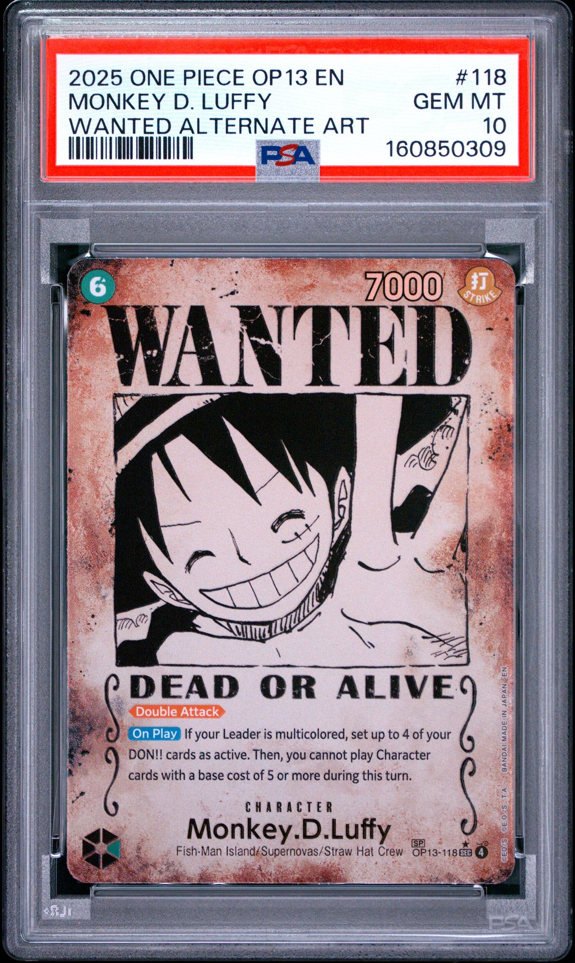 2025 One Piece Op13-Carrying On His Will Monkey D. Luffy #118 (Wanted Alternate Art) Gem Mt 10 front view - PSA graded GEM MT 10