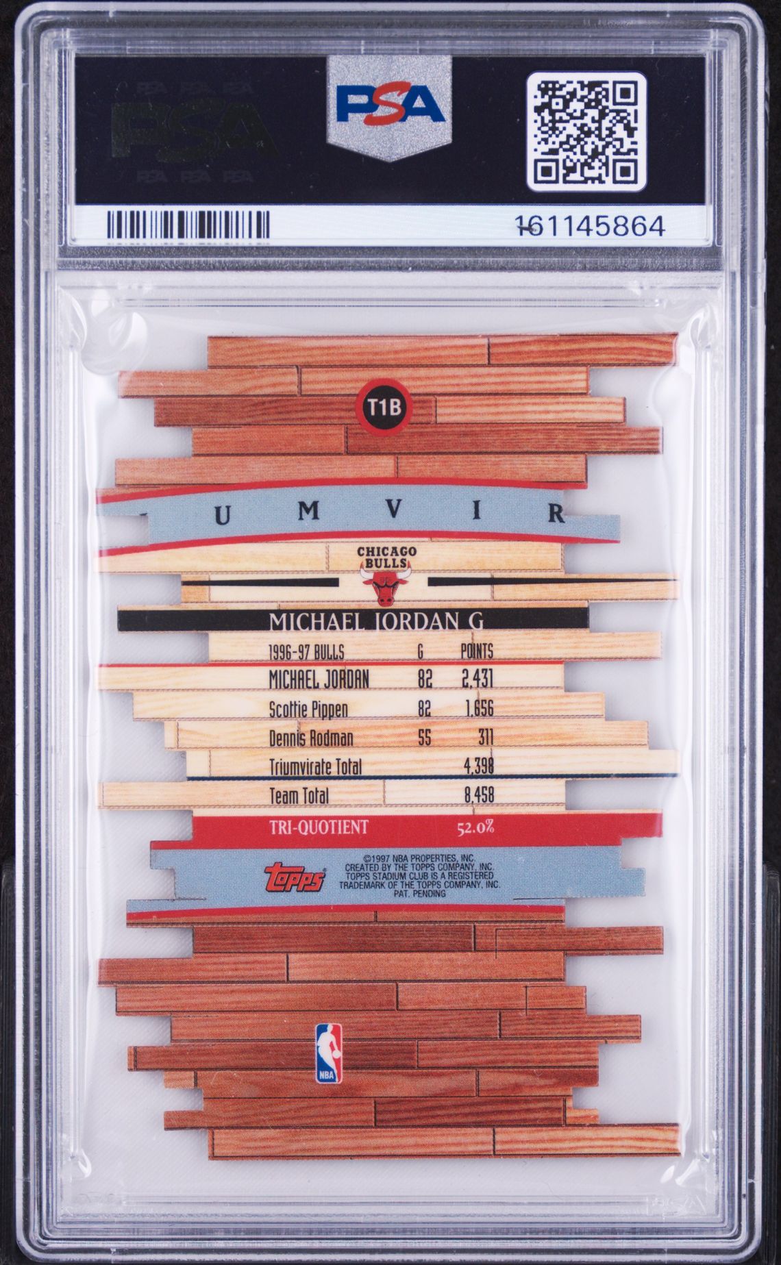 1997 Stadium Club Triumvirate Michael Jordan #T1B (Luminous) Mint 9 back