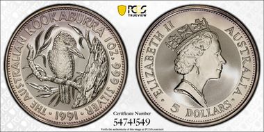 1991 $5 Kookaburra Ag MS69