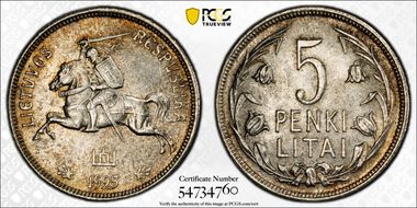 1925 5 Litai KM-78  Ag MS65