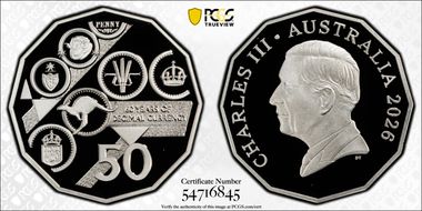 2026 50C Decimal Currency 60th Anniversary Ag PR70DCAM