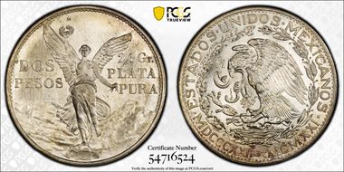 1921-Mo 2 Peso Centennial, 9 Tail F. KM-462  Ag MS66