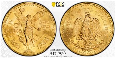 1944 50 Peso KM-481  Au MS66+